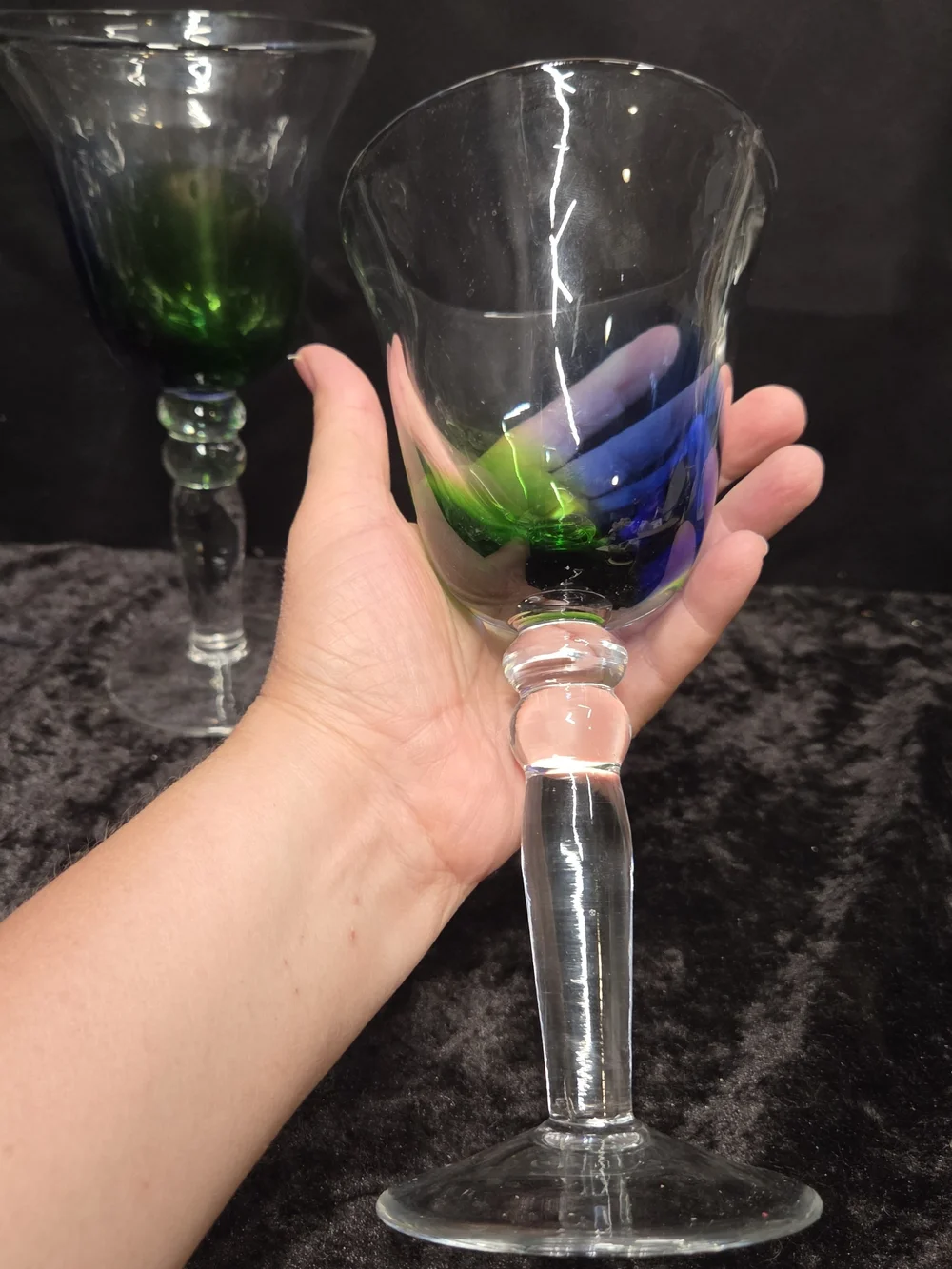 Pier 1 Blue Green Flame Glass Wine or Water Goblet Pair (2)